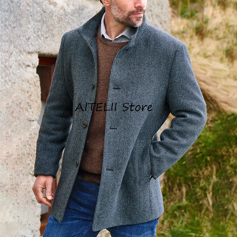 

Повседневный пиджак с воротником-стойкой, повседневные куртки в стиле ретро с узором «елочка», костюмы, пиджаки для мужчин, модные костюмы, пиджак, мужская одежда