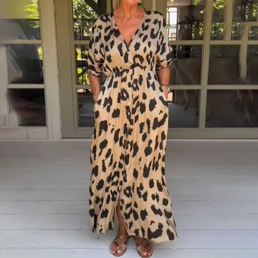 Vestido feminino com estampa de leopardo, decote em v, cintura apertada, bainha dividida, verão, comprimento do tornozelo, camisa, vestido feminino maxi