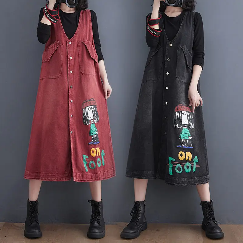 

Literary Large Size Loose Strap Dress Cartoon Print Waistcoat Sleeveless Tide Vintage Fashion V-Neck Long Denim Vest Jacket K381