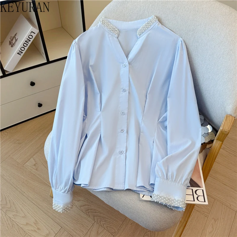 Camicie e camicette a maniche lunghe con scollo a V con perline primavera autunno Top da donna Moda coreana Vintage Solid Elegante Blusas Mujer Camisas