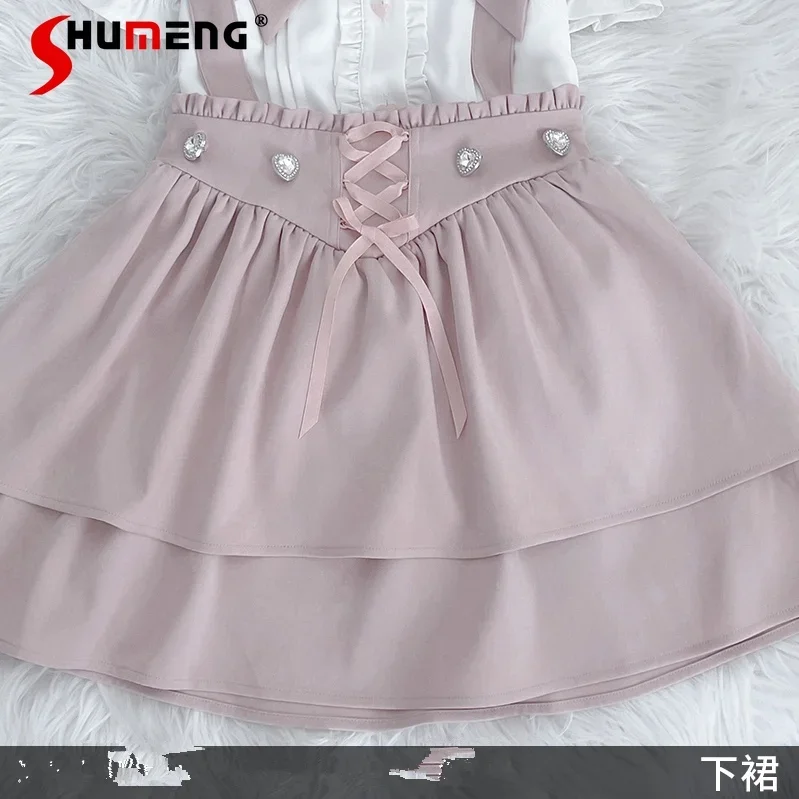 Japanese Summer Sets Women Outfits Mine Water Color System Mass-Produced Short Sleeve Top with Bow Tie Amd Sling Short Skirt