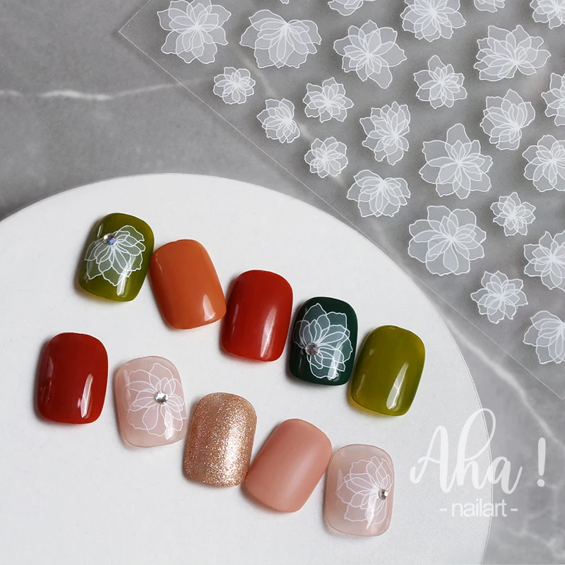 Semitransparent White Flowers Nail Sticker Self Adhesive Decals Star Moon/White Flower/Clouds Kawaii Nail Sliders For Manicure