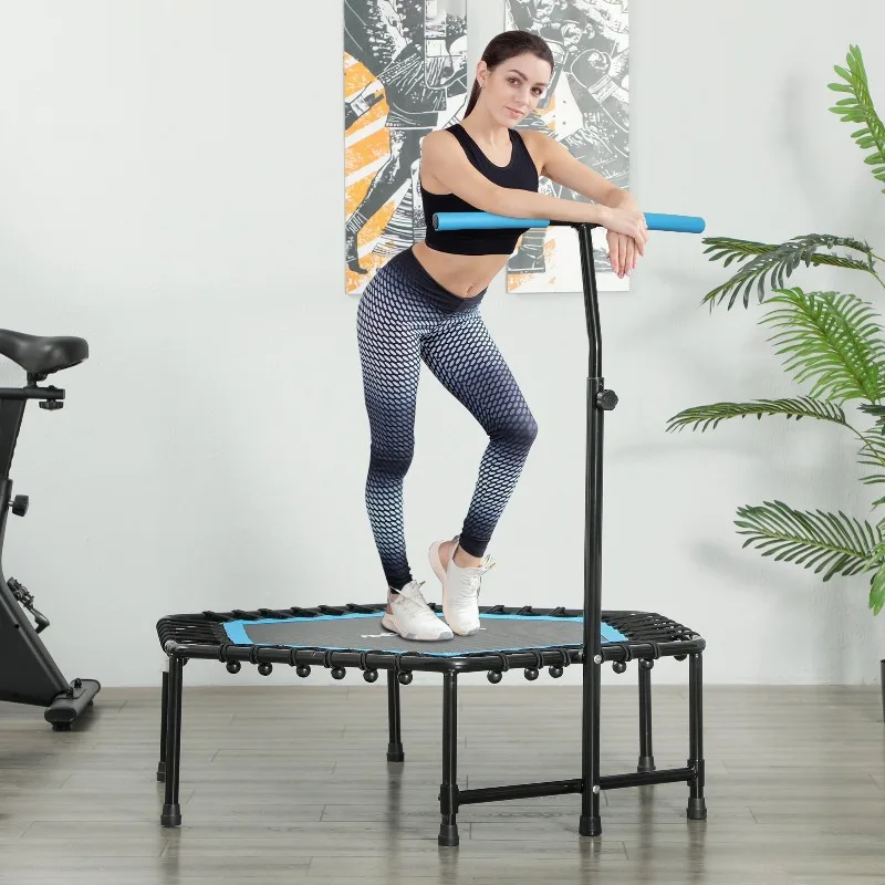 Trampoline de fitness 114 cm, cordes élastiques, poignée réglable 3 positions, trampoline d'exercice silencieux, bleu