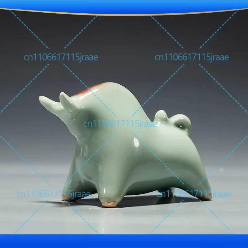 Handmade Jun Porcelain Ornament Green Kiln Changed Jun Porcelain Ruyi Cattle Attracts Good Luck