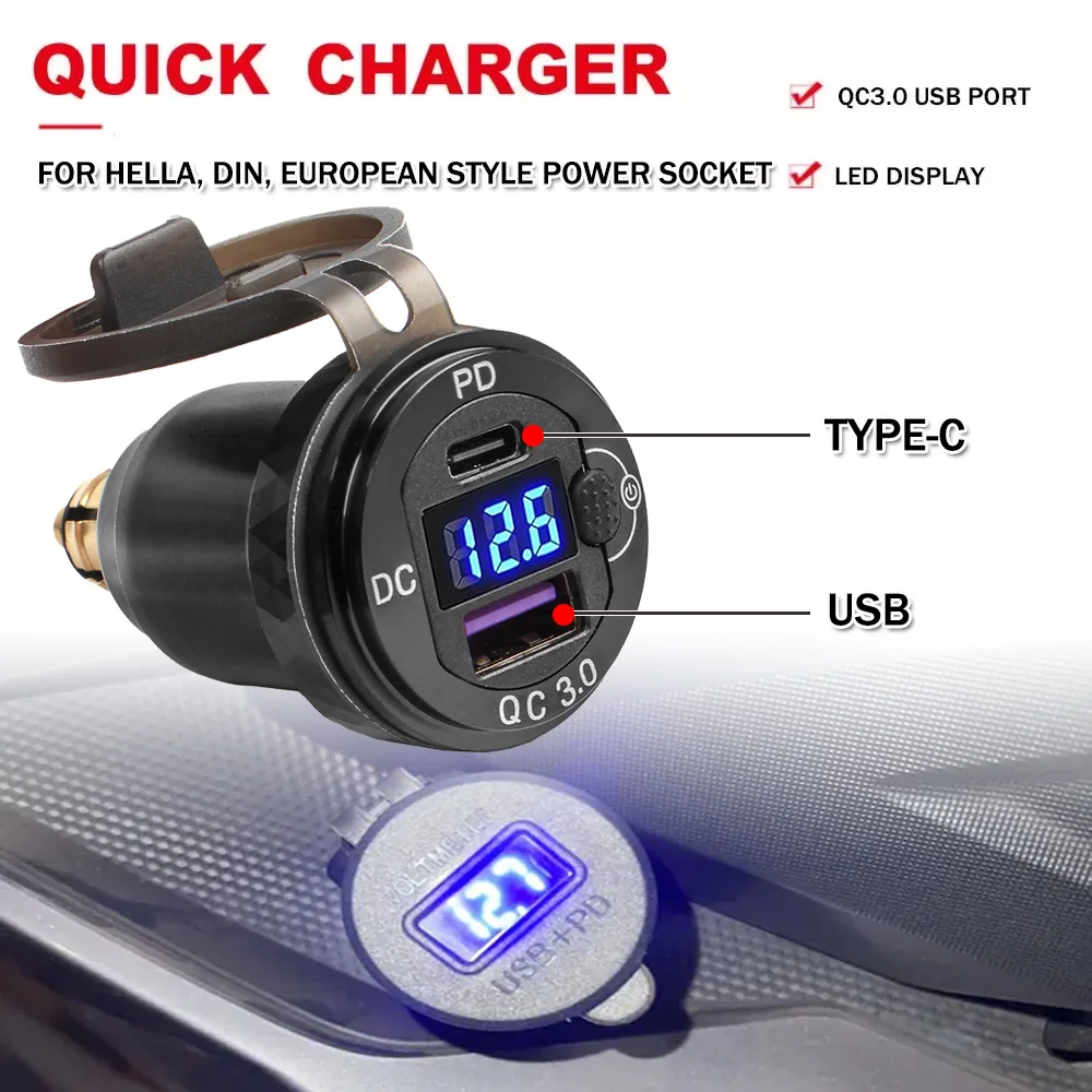 

QC3.0 Motorcycle USB Type C Fast Charger Power Adapter Hella DIN Plug Socket For BMW R1250GS R1200GS Adventure Adv For Ducati