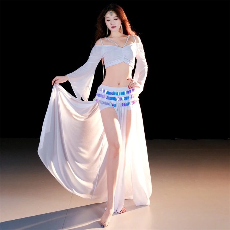 Elegant Belly Dance Costume Feminine Oriental Dance Costume Sexy Long Sleeves Practice Training Class Wear Coins Belt Long Skirt