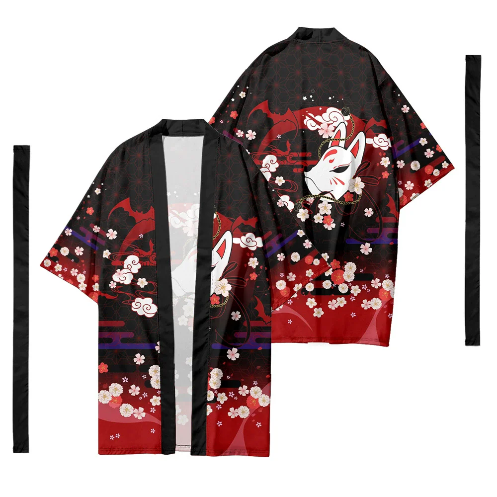 

Мужское и женское пляжное длинное кимоно Haori Yukata Harajuku, уличная одежда, японский самурайский кардиган с принтом черной лисы