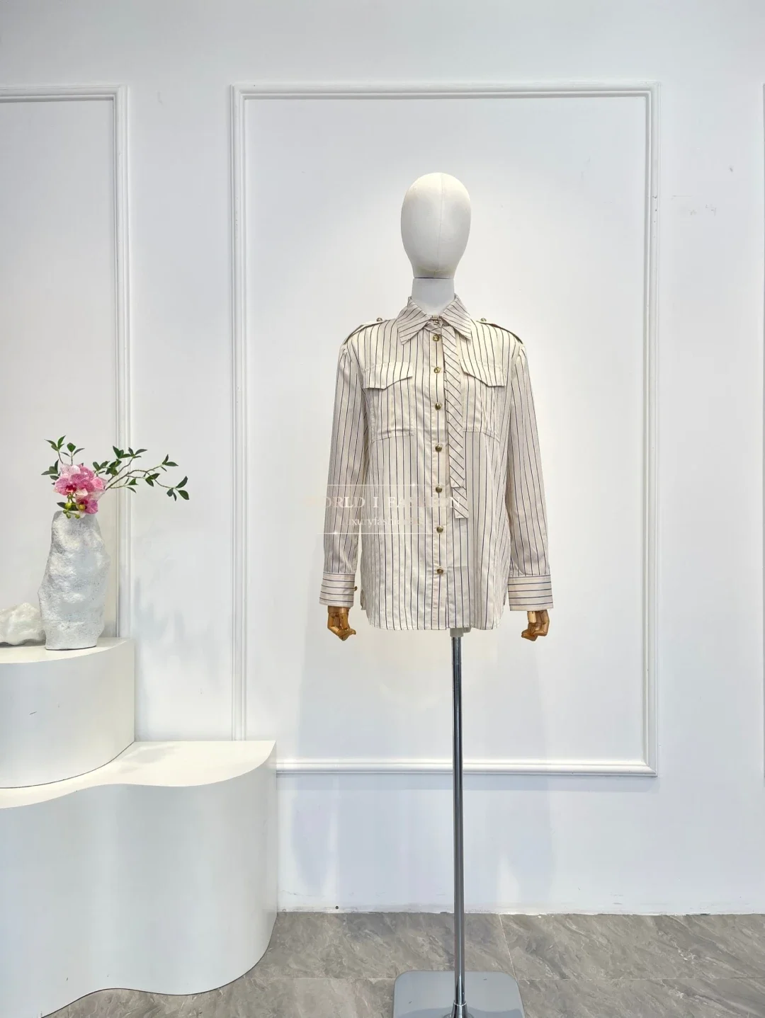 

2025 New Fashion Apricot Stripe Print Long Sleeve Blouse Tops and Pants Set Workwear