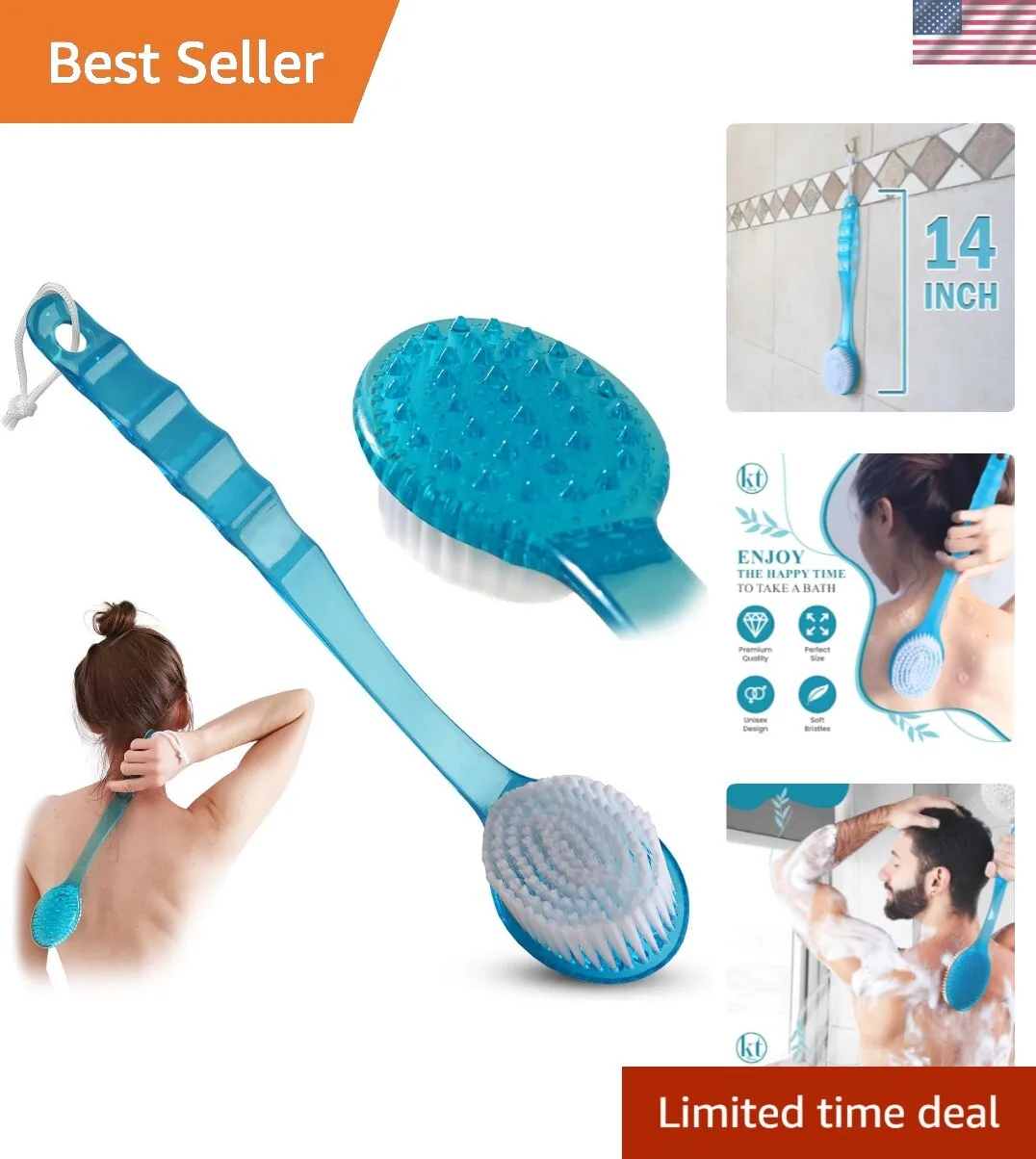 

Long-handled shower brush 14-inch long-handled body scrubber - exfoliating back and foot cleaner