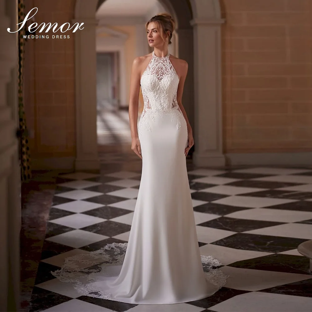 Semor Chic Mermaid Off White Stain Wedding Dresses 2027 Halter Sleeveless Lace Applique Beading свадебное платье Customized