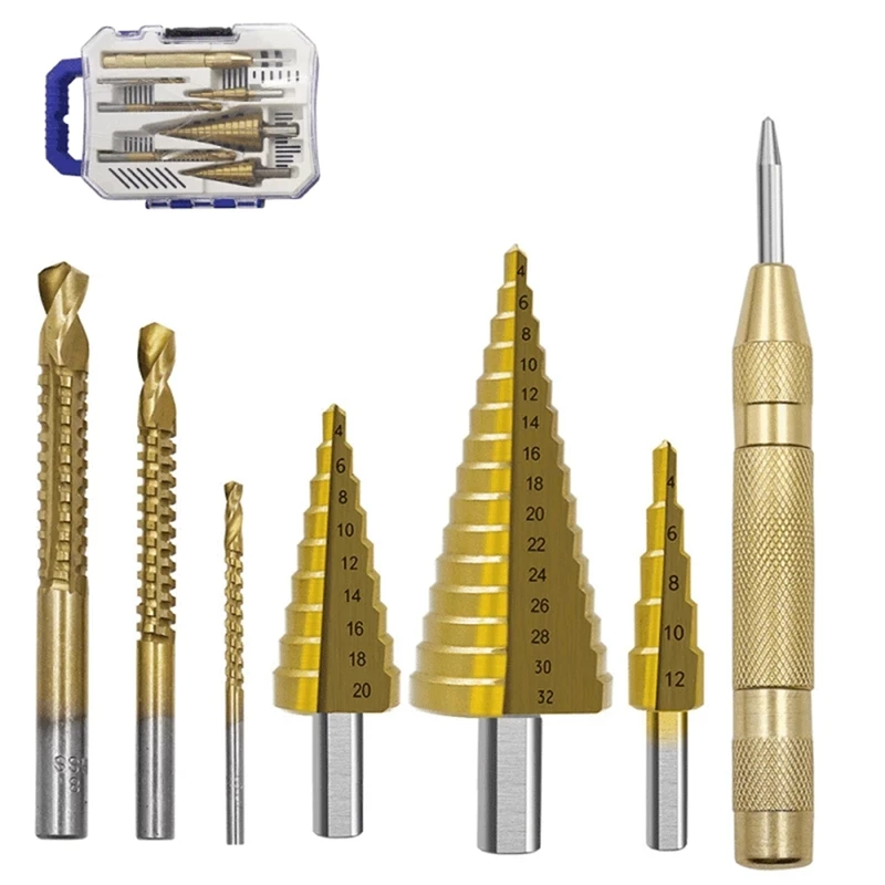 7Pcs HSS Step Drill Bit Sets Straight Groove Titanium Coated Cone Hole Automatic Center Punch Twist Saw Drill Bit