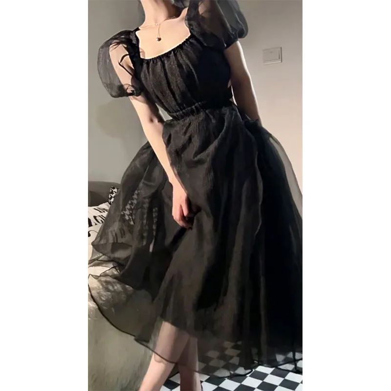 Hepburn Style Retro Black Dress for Women Summer Pure Desire Design Backless Careful Machine Organza