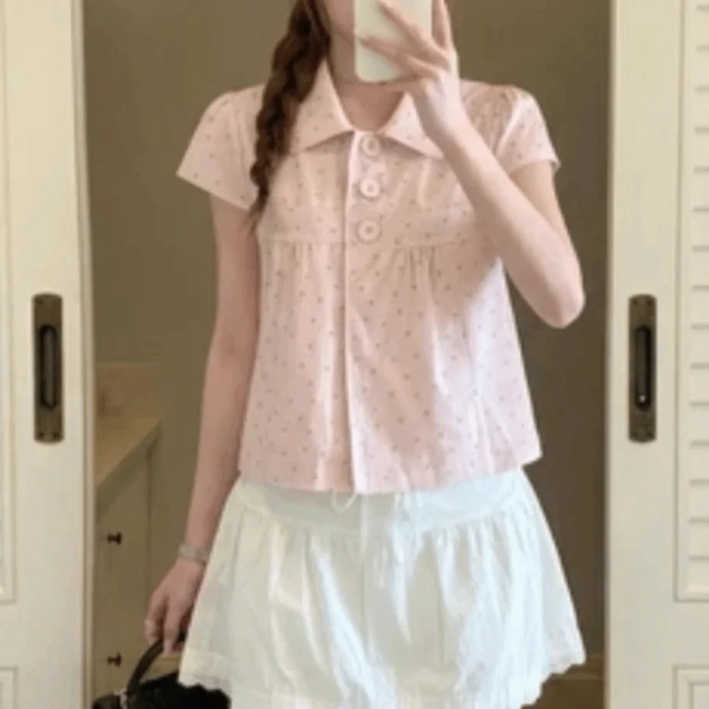 Vintage Slim Fit Bluse mit Polka Dots, Y2K Hemd mit Umlegekragen, Damenoberteile, Harajuku Preppy Style Hemden für Damen – Detail 2