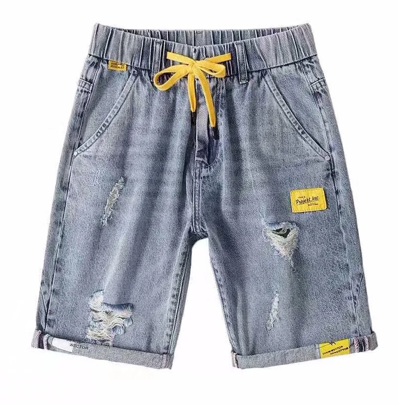 

New Arrival 2023 Jean Shorts Drawstring Appliques Solid Shorts Jeans Men Male Thin Loose Straight Leisure Tooling Holes Pants