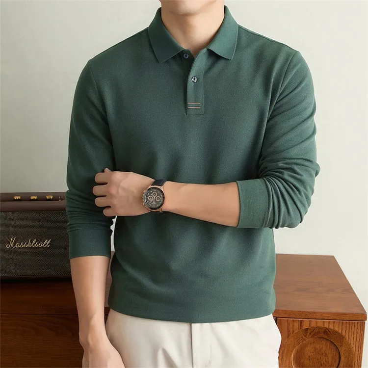 100% Mercerisierte Baumwolle Einfarbiges Business-Casual-Oberteil Herren Old Money Style Langarm-Poloshirt – Detail 26
