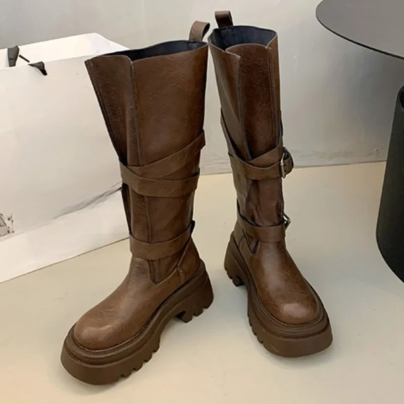 Thick Leg Wide Barrel Circumference Skinny Thigh Boots Belt Buckle No Knee Block Heel Shoes