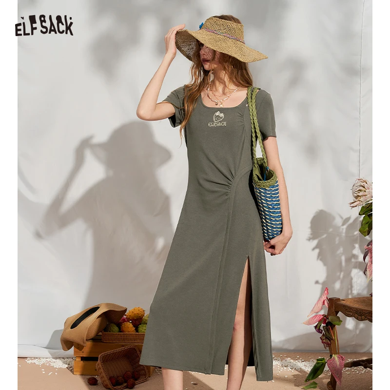 

ELFSACK Women's Strawberry Logo Embroidery Ribbed Midi Dress, Asymmetric Slit U-Neck Bodycon Dress