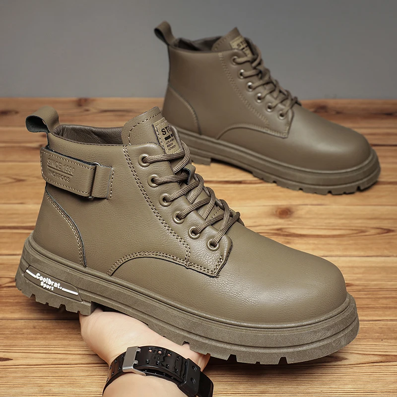 

Casual and Versatile Mid-top Lace-up Flat Low-heeled Durable Leather Outdoor Large-sized Work Boots for Autumn and Winter