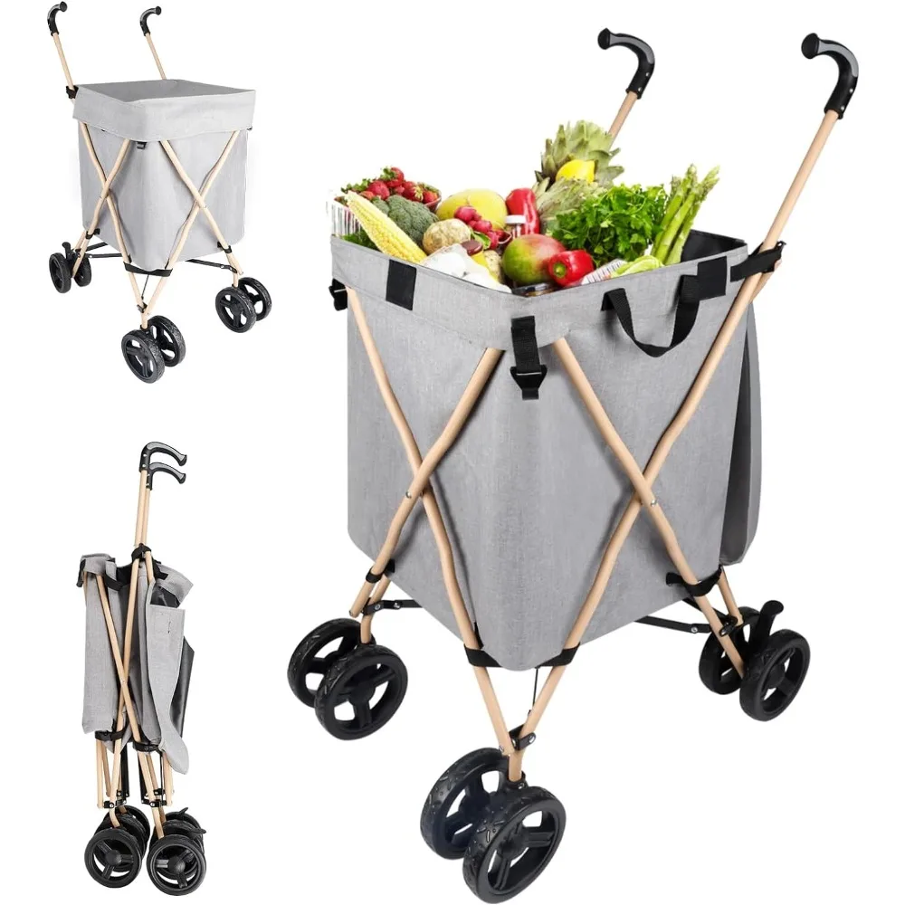 

Shopping Cart with Wheels, Portable Shopping Cart for Groceries, Folding Utility Cart Heavy Duty Rolling Storage