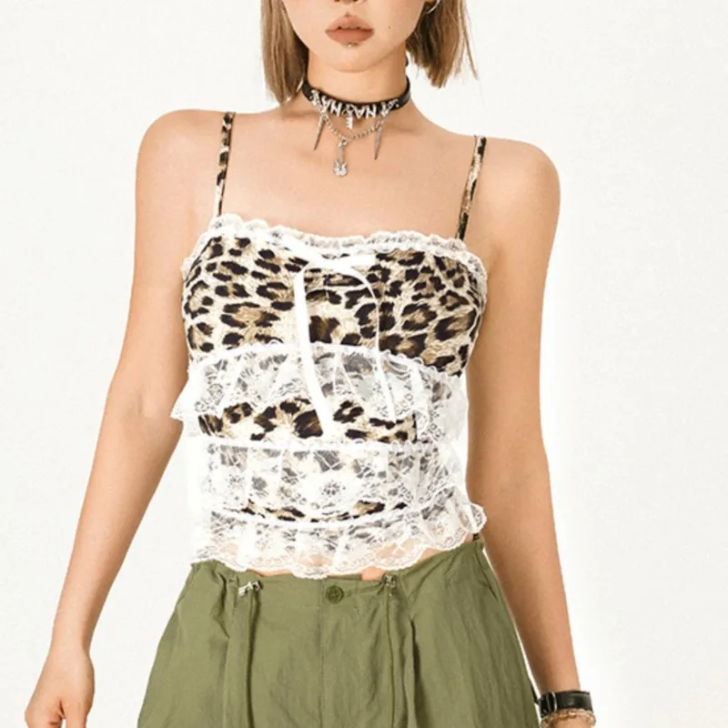 Lace Leopard Splicing Hot Girl Vest Fashion Suspenders Female Sexy