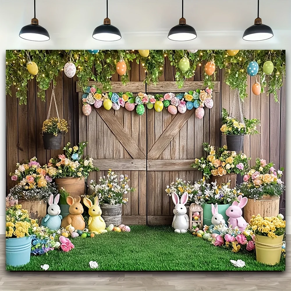 Frohe Ostern Hintergrund Fotografie AI Szene Holzhaus Blumen Kaninchen Hase Eier Geburtstag Party Dekor Baby Dusche Hintergrund
