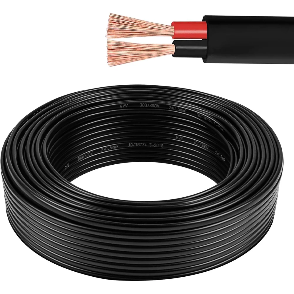 2 Core Flat RVV Electrical Wire Oxygen Free Pure Copper PVC Insulated 300/500V Cable for LED CCTV Low Voltage Wiring