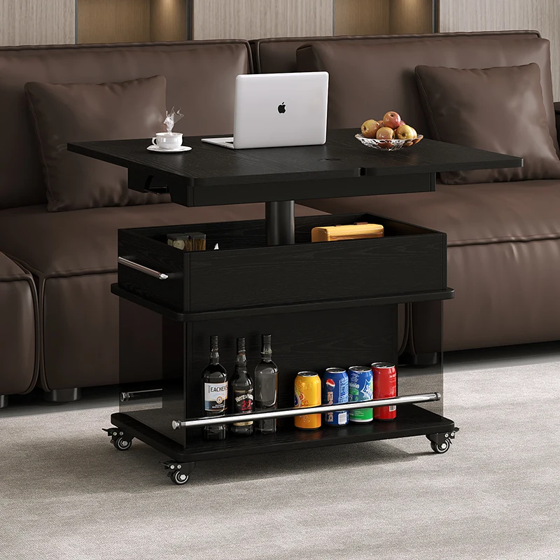

Black Italian minimalist mobile coffee table liftable folding rectangular multi-function living room trolley sofa side table