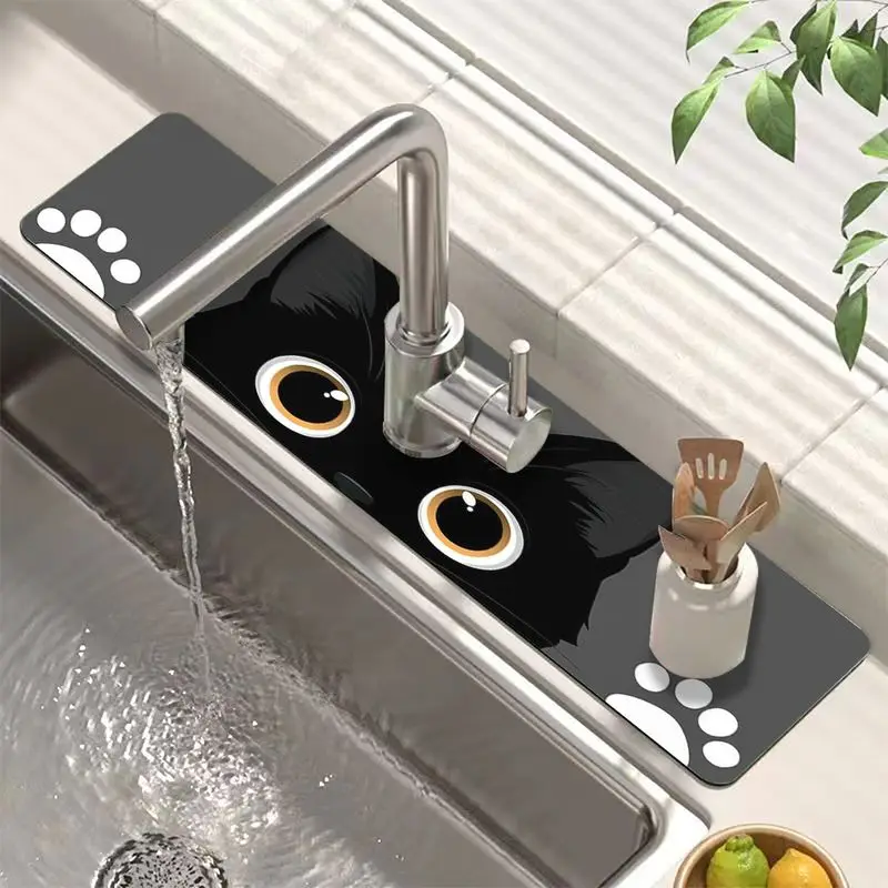 VIKAMA Cute Black Cat Eyes Paw Diatomite Faucet Mat Super Absorbent Non Slip Kitchen Sink Tap Splash Guard Draining Pad