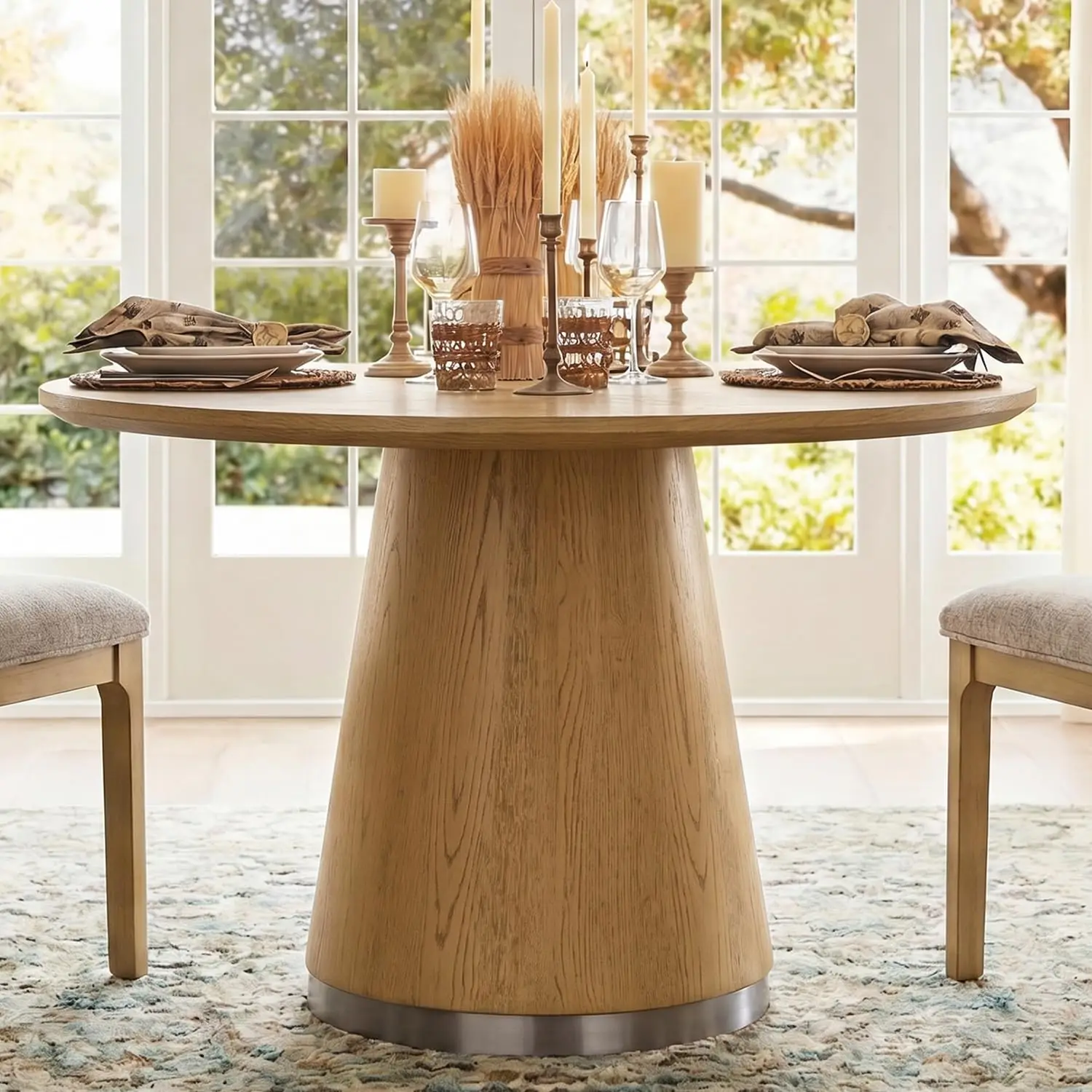 Mid Century Modern Kitchen Table with Silver Décor, Small Space Circle Dinner Table, Easy Assembly – for Apartment or Café