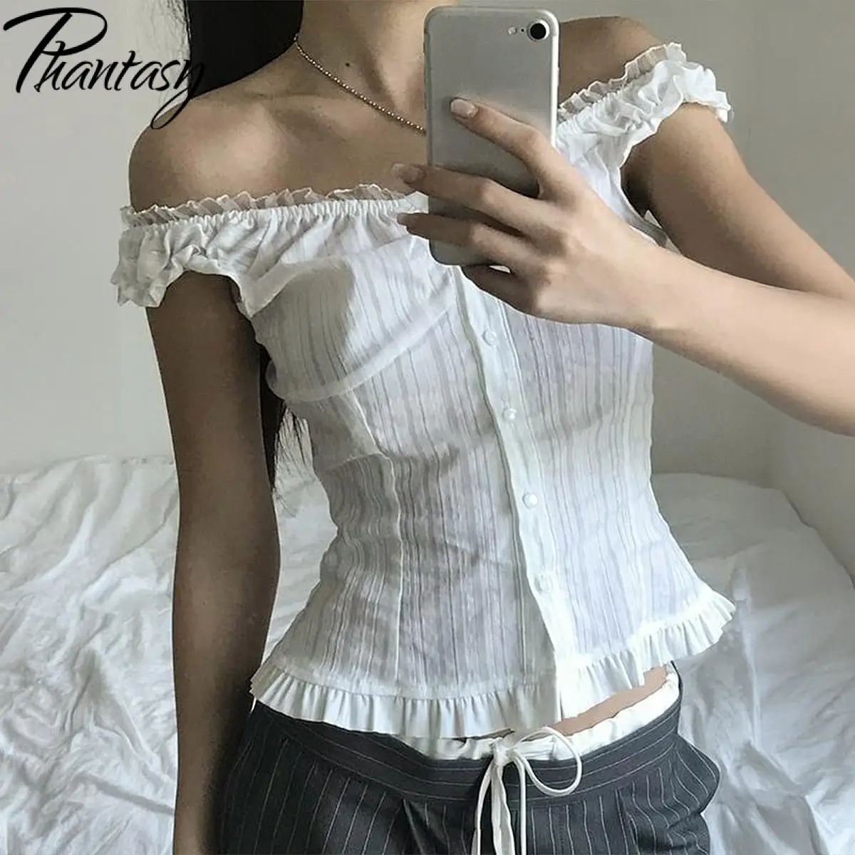 Phantasy Y2K Women Tops White Lace T-Shirt Button Tees Vintage French Style Tops 2025 Spring Summer Tops Female Streetwear