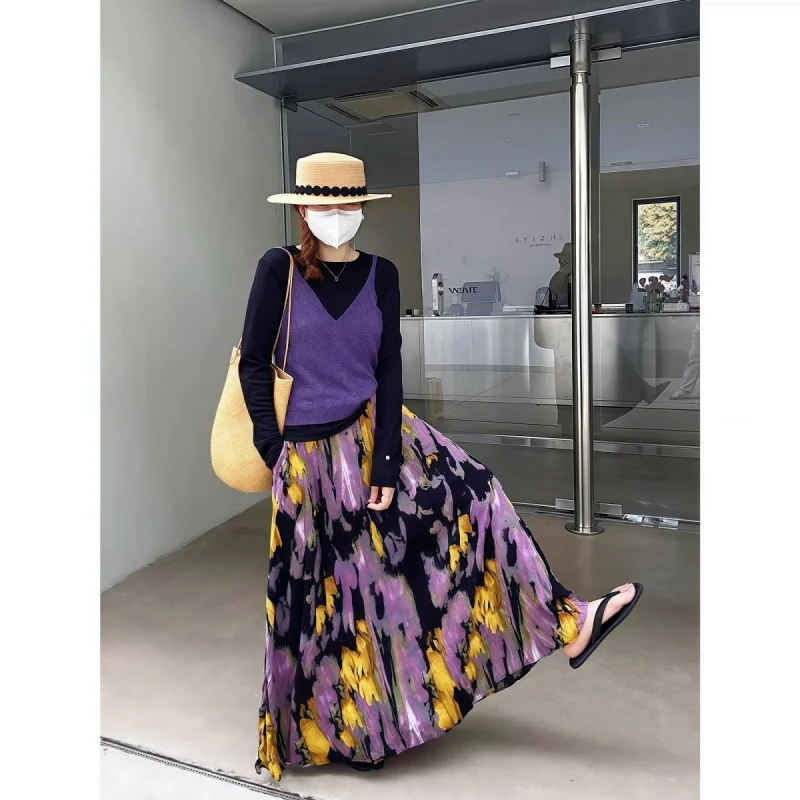 プリーツ加工のレトロな肉感遮蔽ハーフスカート 2025年新作 ファッション スリムプリントロングスカート