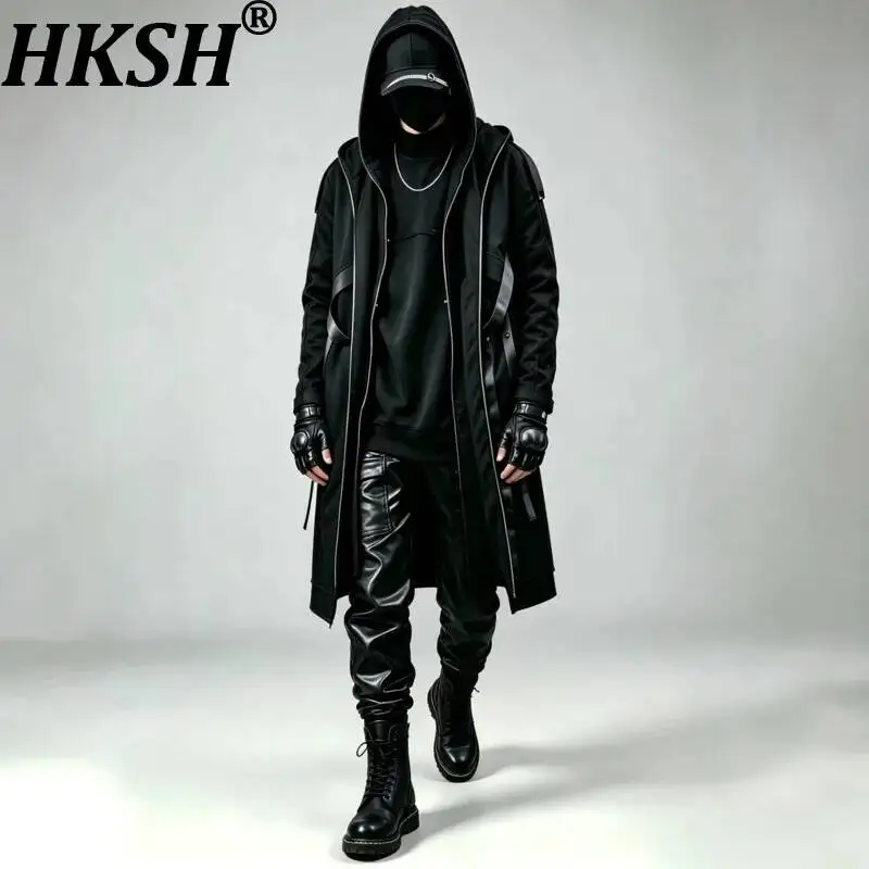 

HKSH Darkwear Style Male Wizard Spring Autumn New Men Tide Trench Coat Long Cape Double-layer Hooded Jackets Chic Trench HK24714