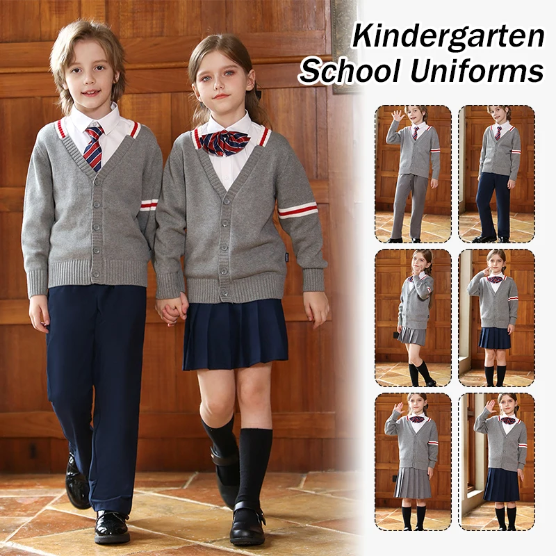 Children Autumn Winter Sweater Uniform Primary School Uniforms British Style Knitted Coat Pleated Skirt + Tie + Shirts JK Suit