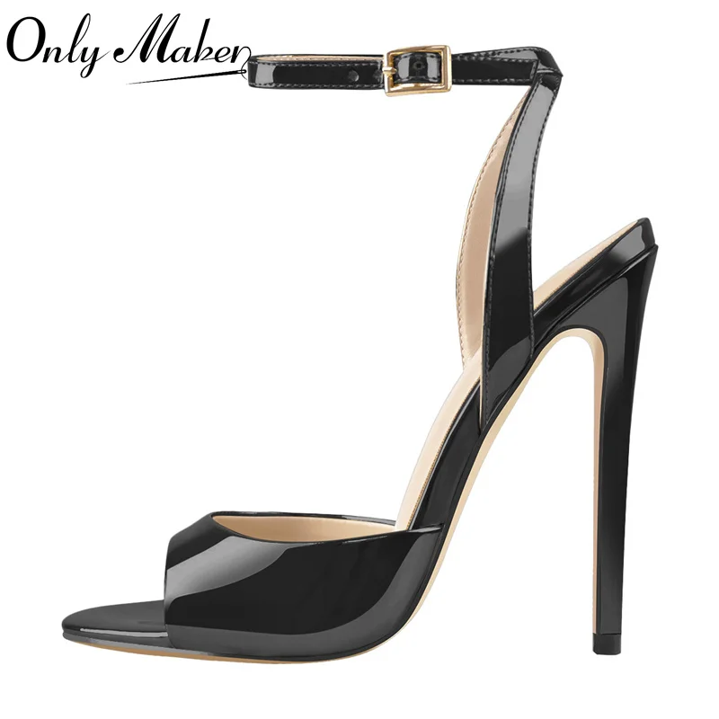 Onlymaker Women Black Peep Toe 12CM Thin High Heels Sandals Ladies Buckle Strap Open Toe Big Size Summer Stiletto Sandals