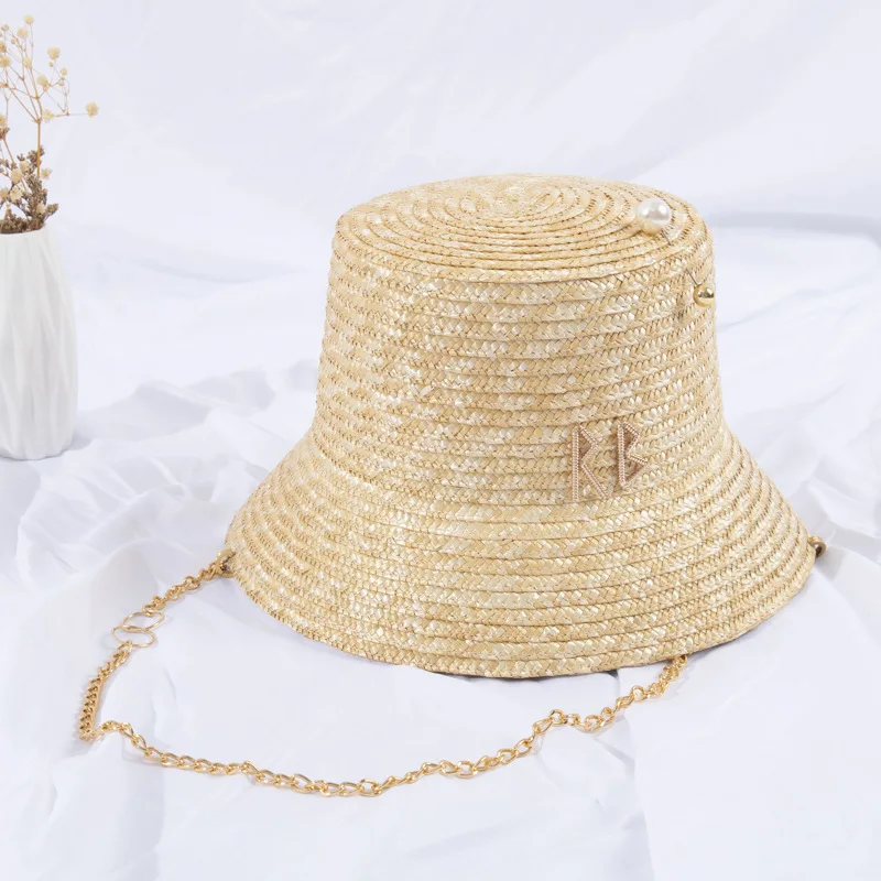 Summer Flat Top Straw Hat Pearl Decor Woven Bucket Sun Outdoor Cap