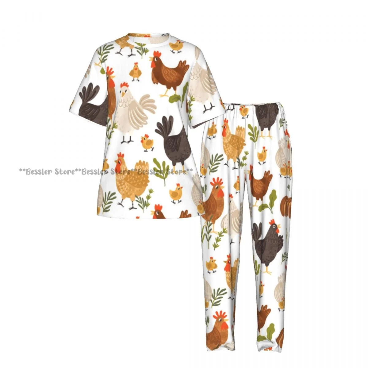 Women's Pajamas Set Cute Roosters Chickens Hens And Plants Short Sleeve Sleepwear 2 Piece Homewear Loungewear
