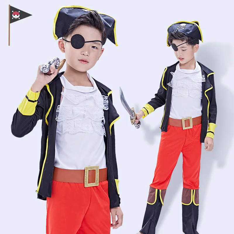 Disfraz de pirata de Halloween para niños, disfraces de capitán pirata, camisa, chaqueta, pantalones, máscara de ojos, sombrero, cinturón, regalo de 6 piezas