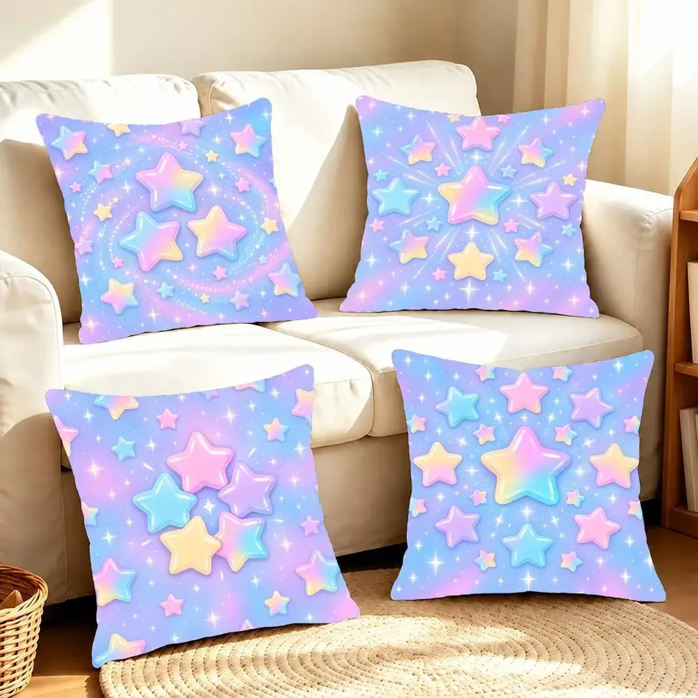 Bright Glowing Pastel Rainbow Gradient Dreamy Stars Cushion Cover Living Room Home Decor Invisible Zipper Anti-dustmite Shell