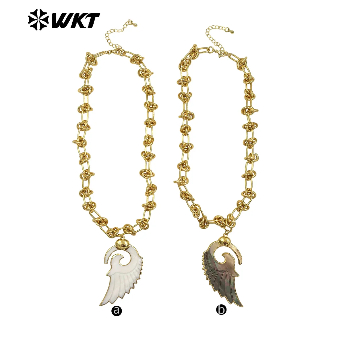 

WT-JN319 New Vividly White And Grey Feather Shape Pendant With Yellow Brass Knot Design Short Necklace Girls Camisole Accessory