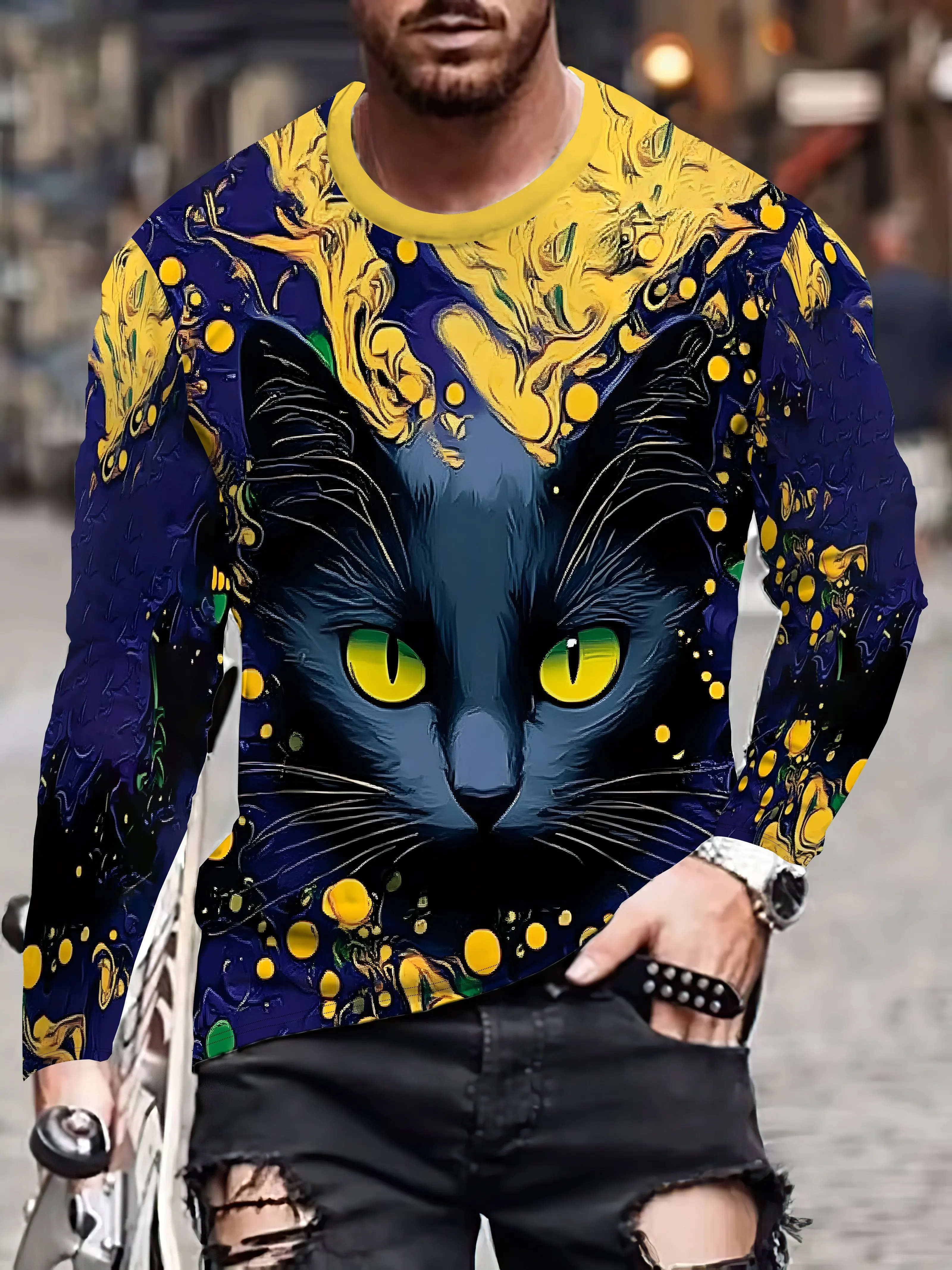 

Men's 3D Oil Painting Style Cat Pattern Print Slight Stretch Crew Neck Long Sleeve, Trendy Comfortable Pullover For Outdoor