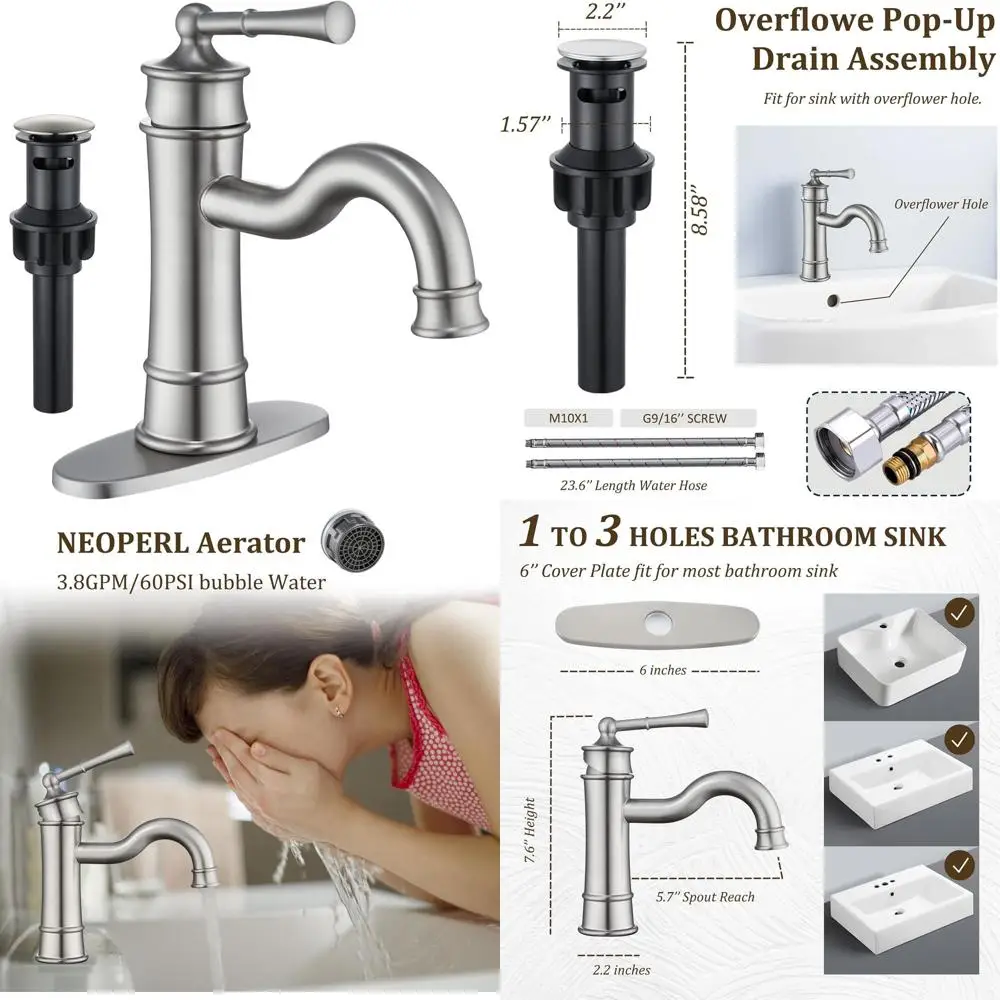 

Vintage Single Handle Roman Style Brass Bathroom Sink Faucet with Pop-Up Drain, Brushed Nickel Finish, NL-2201BN