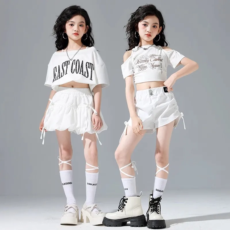 

Kid Hip Hop Clothing White Cold Shoulder Crop T Shirt Top Pleated Skirt Drawstring Shorts for Girls Jazz Dance Costumes Clothes