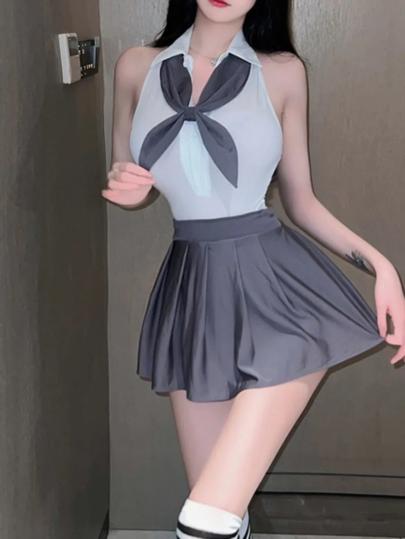 Academy Style Sexy Short Skirt Set Sweet JK Uniform Cute Temptation Pleated Thin Romantic Button Design V Neck Erotic Bold O4J0