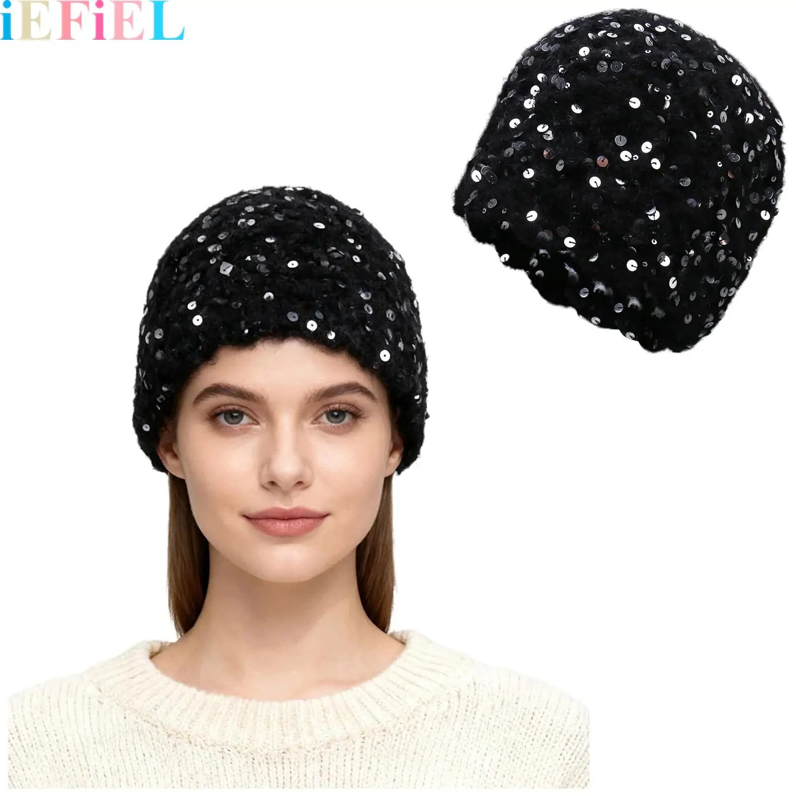 

Sequins Hollow-Out Hat Crochet Beanie Hat Skull Cap Design Lightweight Hat Floral Stretchy Knitted Hat for Women
