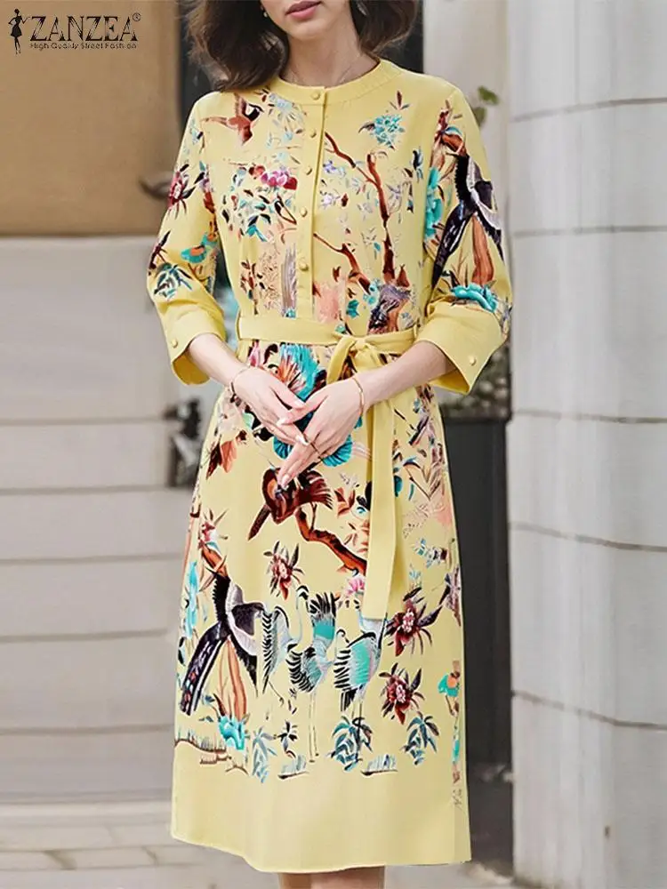 

ZANZEA Women Long Vestidos Holiady Printed Midi Dress Vintage 3/4 Sleeve Autumn 2024 Robes Chinese Style O-neck Buttons Dresses