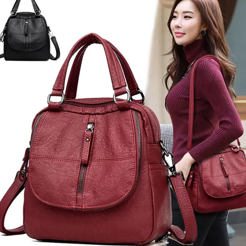 2024 New Women\'s Backpack PU Leather School Bag Casual Backpack For Girls Portable Double Zipper Leisure Shoulder Bags