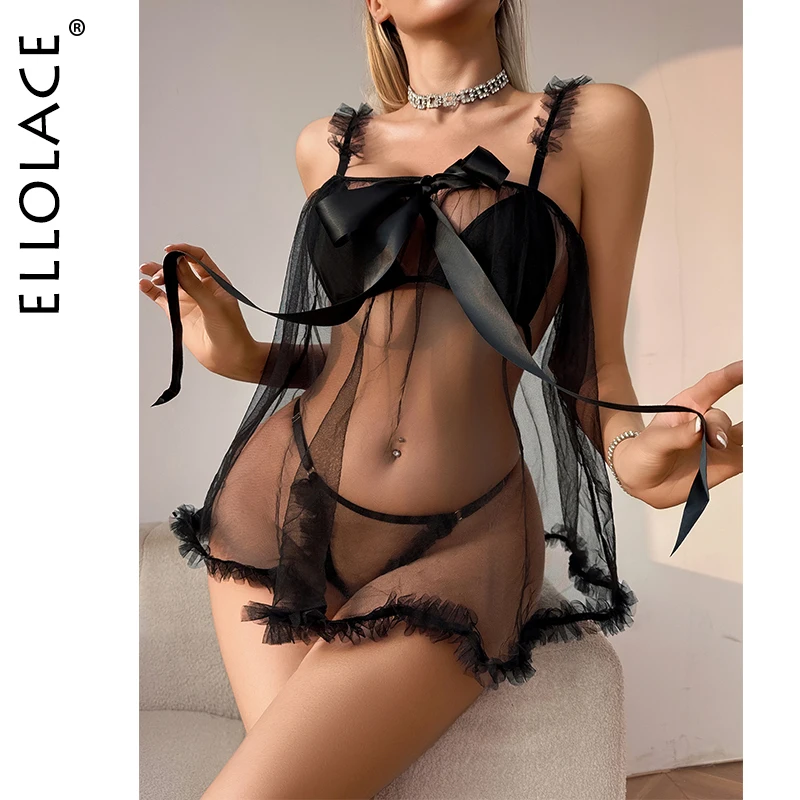 

Ellolace Sissy Lingeries Sexy Hot Intimate Tulle See Through Big Bowknot Set Sweet Tie Bra Hilitos 2PC Sexy Lingerie For Women