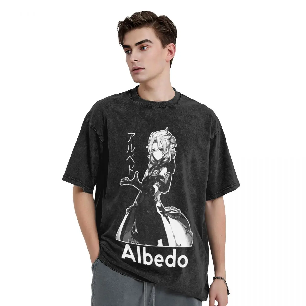 Humor Albedo Genshin Impact woman Men Streetwear Washed T-Shirt Hot stamping Print Tees, Cotton Tshirt Summer Short Sleeve Tees