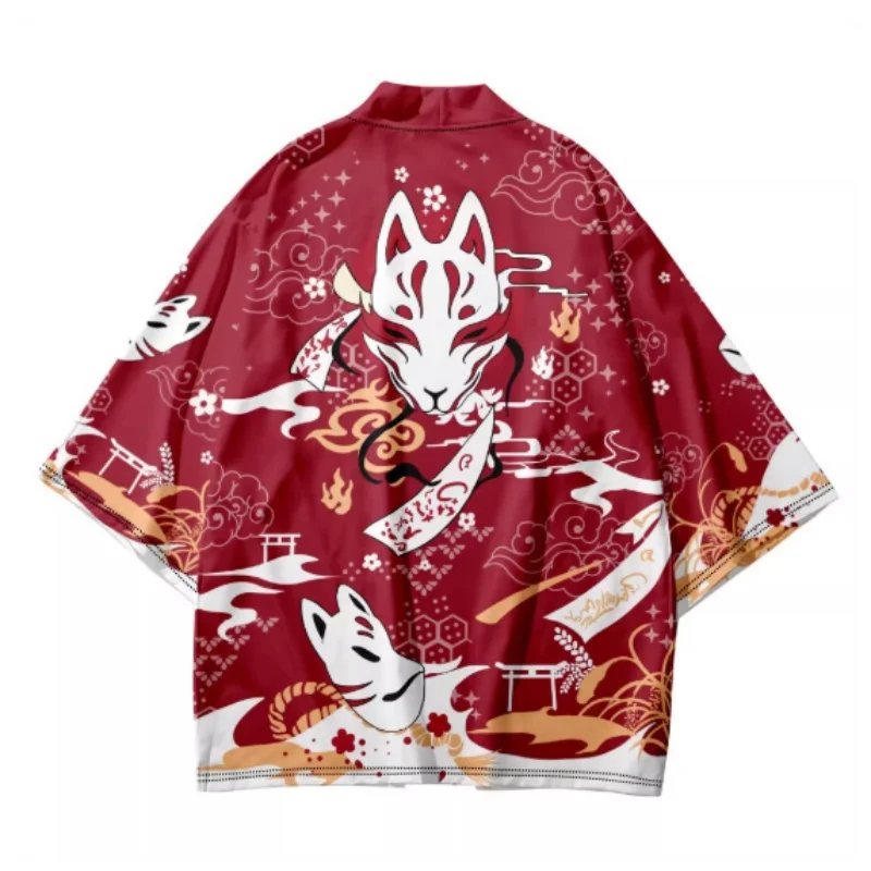 

New Japanese Fox Cat Print Kimono Yukata Haori Samurai Traditional Men's Women's Asian Clothing Harajuku Cardigan Top Jacket