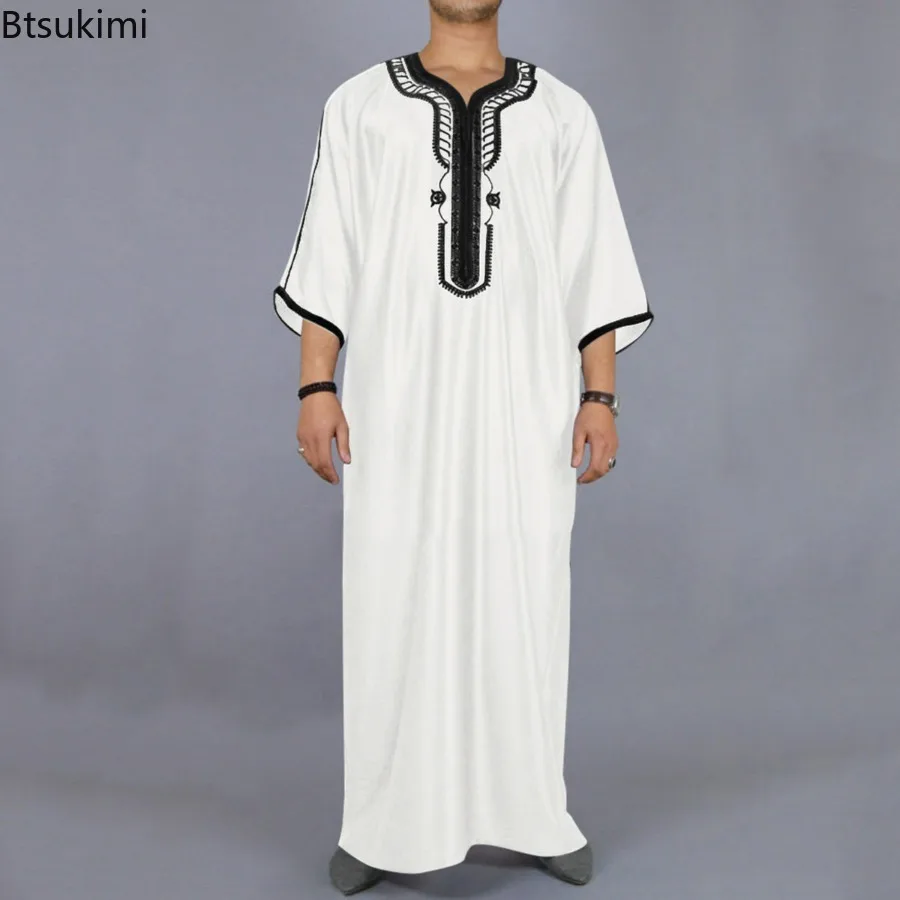 2024 Men\'s Muslim Thobe Middle East Jubba Thobe Long Sleeves Islamic Robe Men Muslim Dress Saudi Arabic Hooded Thobe Abaya Male